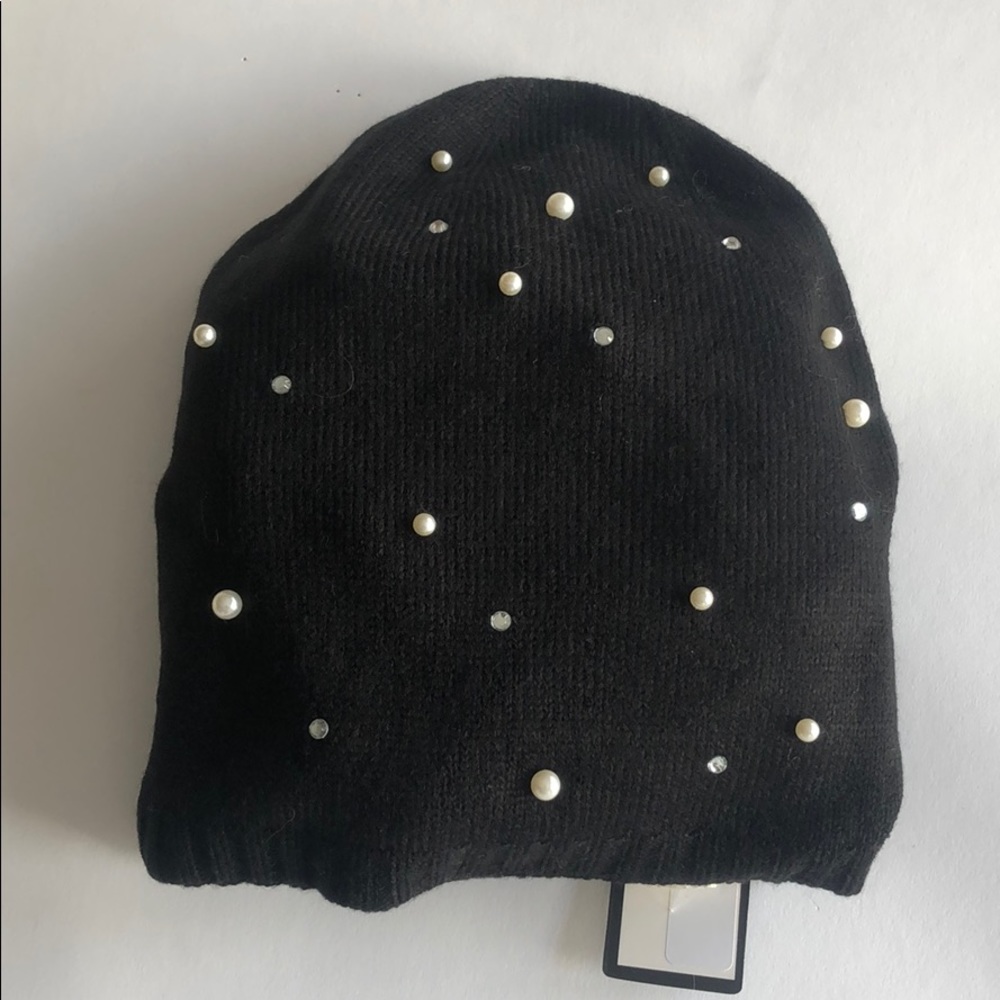 Fraas Black Beanie with Pearl and Crystal Accents